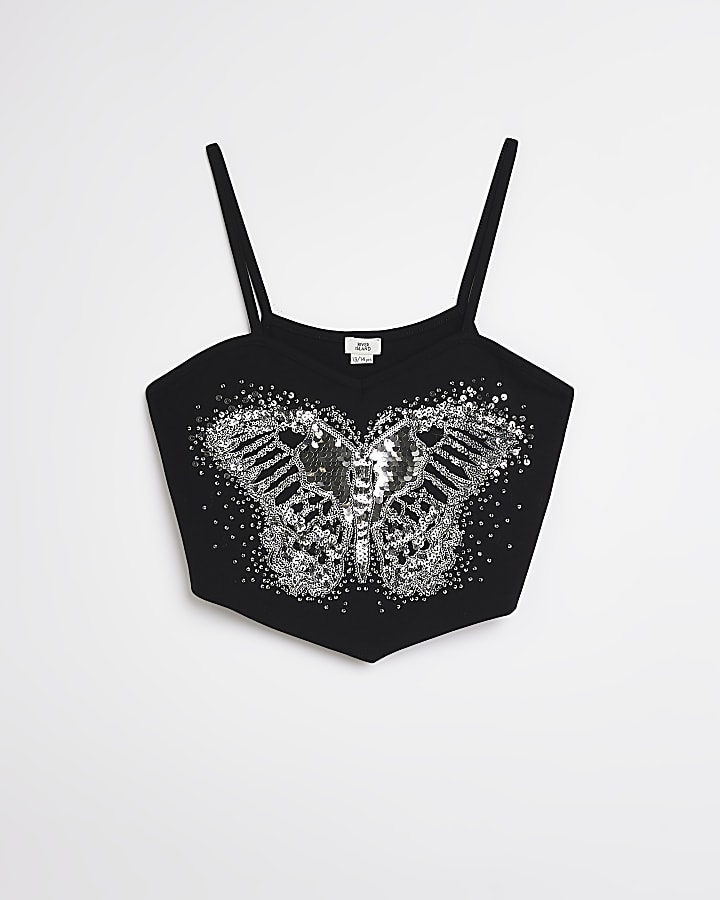 Girls black sequin butterfly cropped cami top