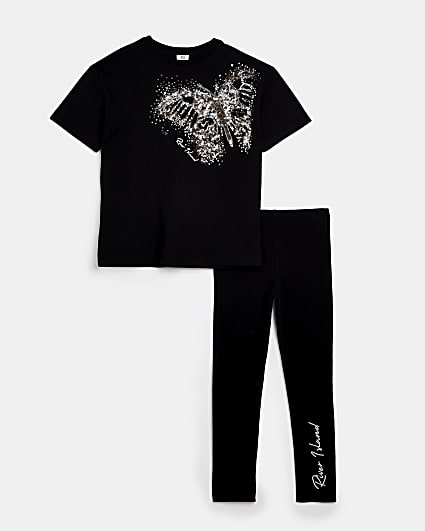 Girls Black Sequin Butterfly T-shirt