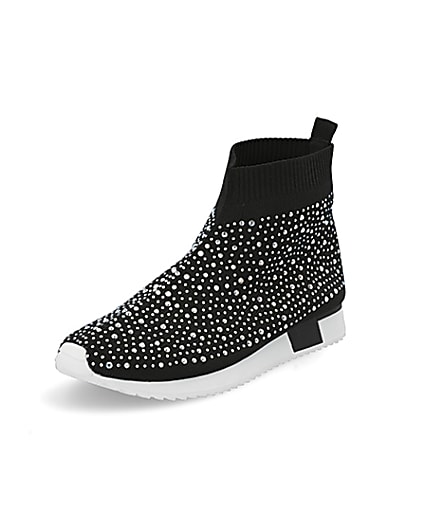 360 degree animation of product Girls black sequin embellished sock trainers frame-0
