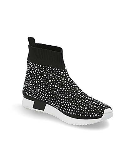 360 degree animation of product Girls black sequin embellished sock trainers frame-18