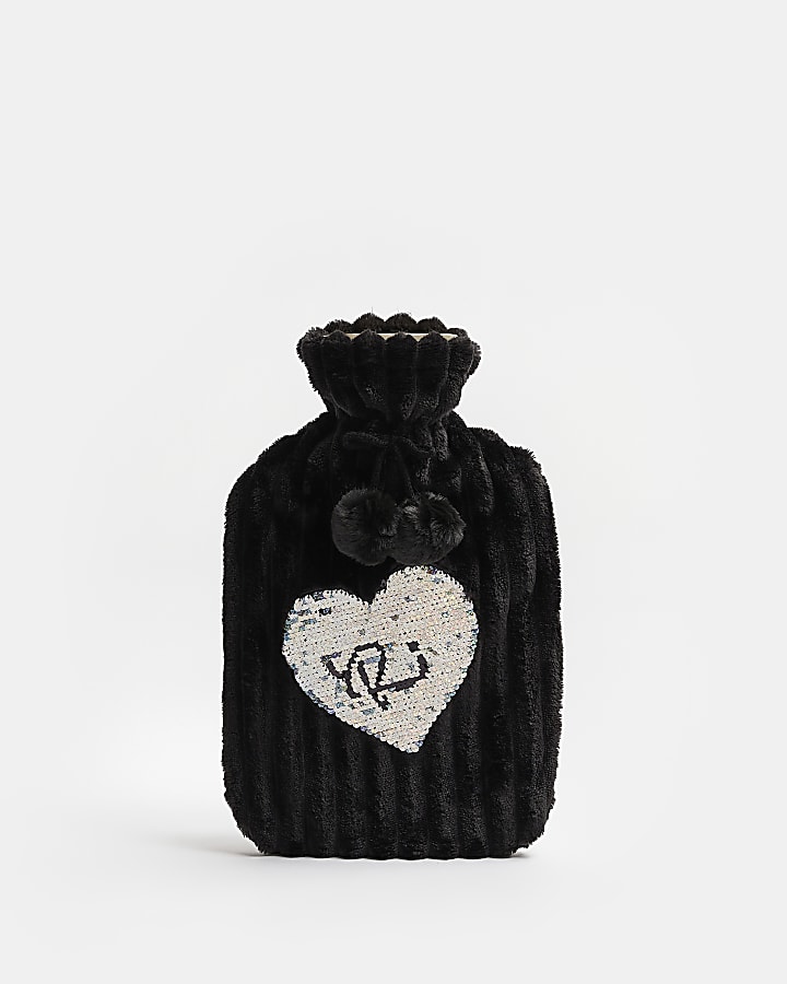 Girls Black Sequin Heart Hot Water Bottle