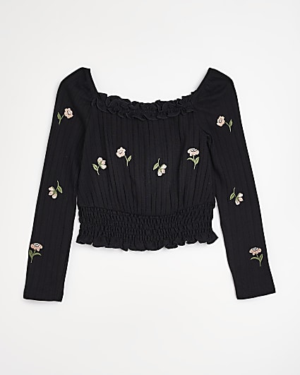 Girls black shirred embroidered milkmaid top