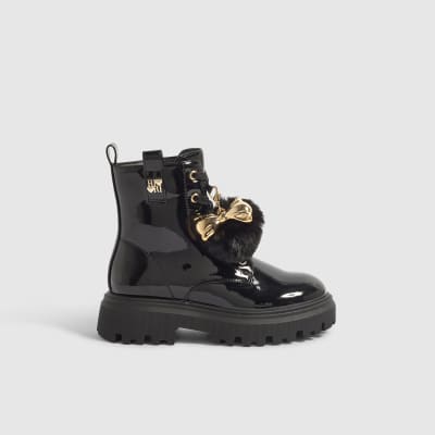 Girls Black Side Zip Pom Lace Up Boots