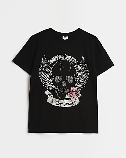 Girls black skull floral t-shirt