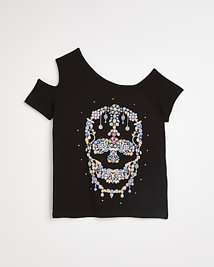 Girls black skull print cold shoulder t-shirt