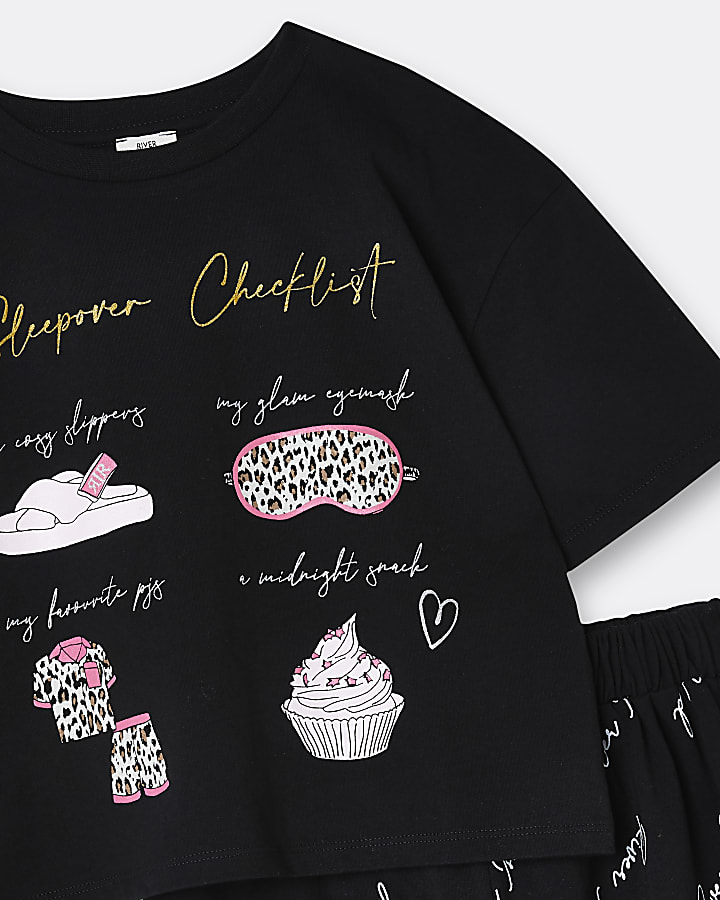Girls black 'Sleepover checklist' pyjama set