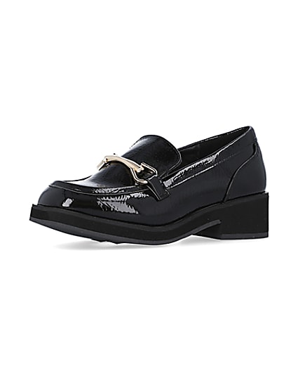 360 degree animation of product Girls Black Snaffle Chunky patent Loafers frame-1