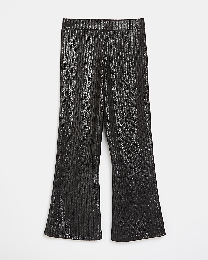Girls black sparkle ribbed flared trousers