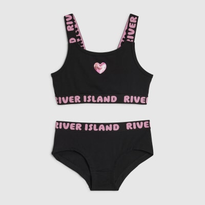 Girls Black Strappy Crop Top And Brief Set