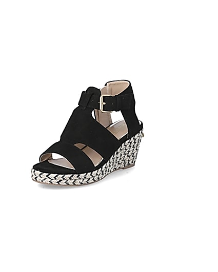 360 degree animation of product Girls black strappy wedge sandals frame-0