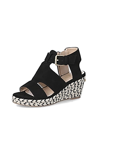 360 degree animation of product Girls black strappy wedge sandals frame-1