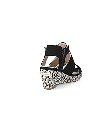 360 degree animation of product Girls black strappy wedge sandals frame-11