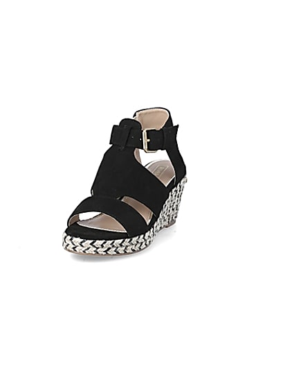 360 degree animation of product Girls black strappy wedge sandals frame-23