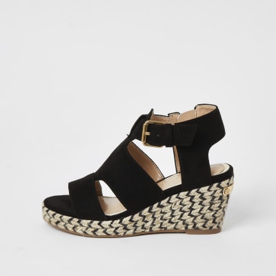 Girls black strappy wedge sandals | River Island