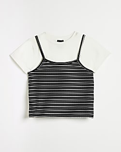 Girls Black Stripe 2 in 1 Cami and T-shirt