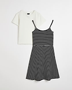 Girls Black Stripe 2 in 1 Ribbed Dress