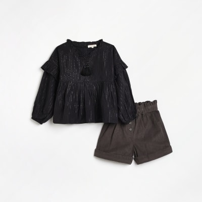 Girls Black Stripe Blouse and Shorts Outfit