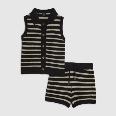 Girls Black Stripe Top & Short Knit Set