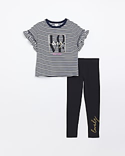 Girls black striped frill graphic t-shirt set