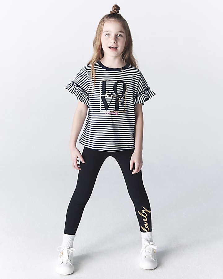 Girls black striped frill graphic t-shirt set