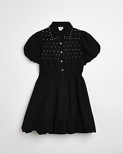 Girls Black Stud Puffball Shirt Dress