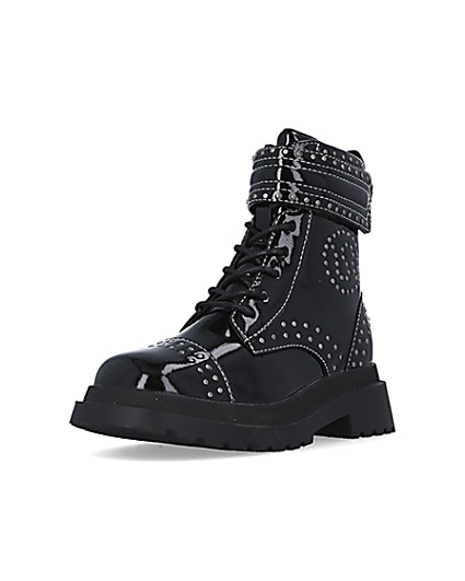 360 degree animation of product Girls Black Studded Lace Up patent Boots frame-0