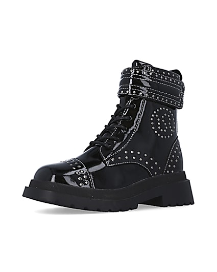 360 degree animation of product Girls Black Studded Lace Up patent Boots frame-1