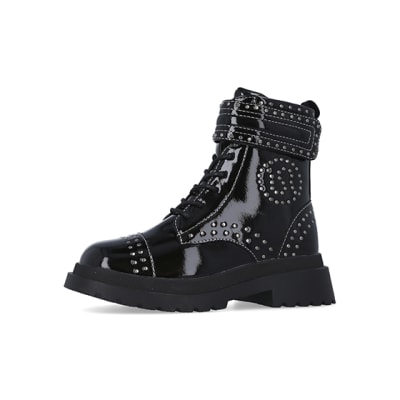 360 degree animation of product Girls Black Studded Lace Up patent Boots frame-2