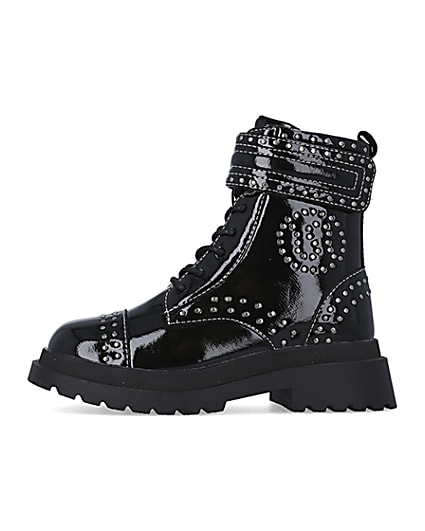 360 degree animation of product Girls Black Studded Lace Up patent Boots frame-3