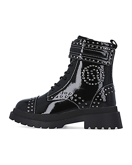 360 degree animation of product Girls Black Studded Lace Up patent Boots frame-4