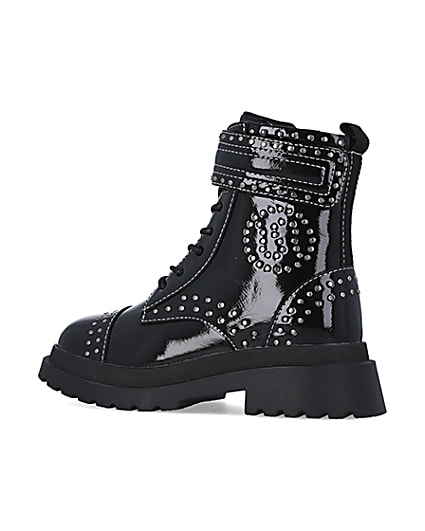 360 degree animation of product Girls Black Studded Lace Up patent Boots frame-5