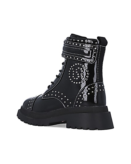 360 degree animation of product Girls Black Studded Lace Up patent Boots frame-6
