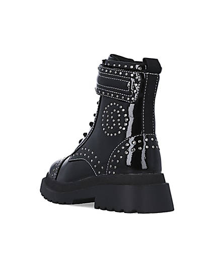 360 degree animation of product Girls Black Studded Lace Up patent Boots frame-7