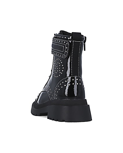 360 degree animation of product Girls Black Studded Lace Up patent Boots frame-8