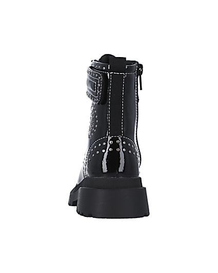 360 degree animation of product Girls Black Studded Lace Up patent Boots frame-9