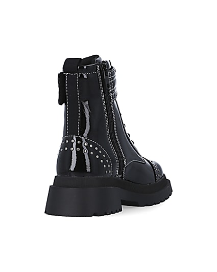 360 degree animation of product Girls Black Studded Lace Up patent Boots frame-11
