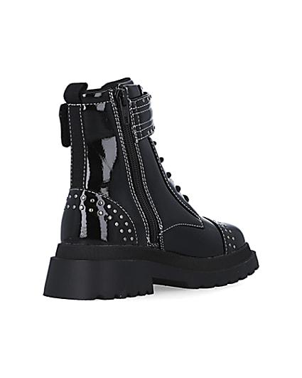 360 degree animation of product Girls Black Studded Lace Up patent Boots frame-12