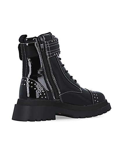 360 degree animation of product Girls Black Studded Lace Up patent Boots frame-13
