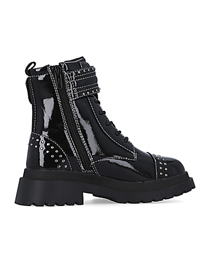 360 degree animation of product Girls Black Studded Lace Up patent Boots frame-14