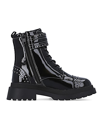 360 degree animation of product Girls Black Studded Lace Up patent Boots frame-15