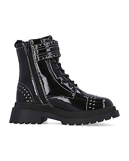 360 degree animation of product Girls Black Studded Lace Up patent Boots frame-16