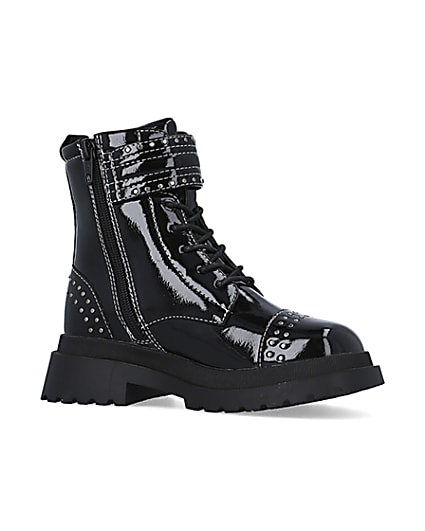 360 degree animation of product Girls Black Studded Lace Up patent Boots frame-17