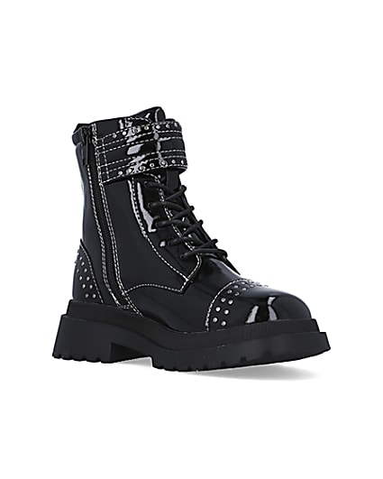 360 degree animation of product Girls Black Studded Lace Up patent Boots frame-18