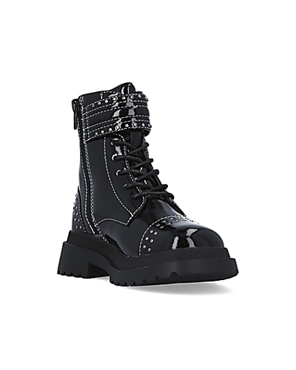 360 degree animation of product Girls Black Studded Lace Up patent Boots frame-19