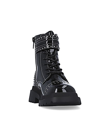360 degree animation of product Girls Black Studded Lace Up patent Boots frame-20