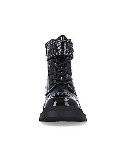 360 degree animation of product Girls Black Studded Lace Up patent Boots frame-21