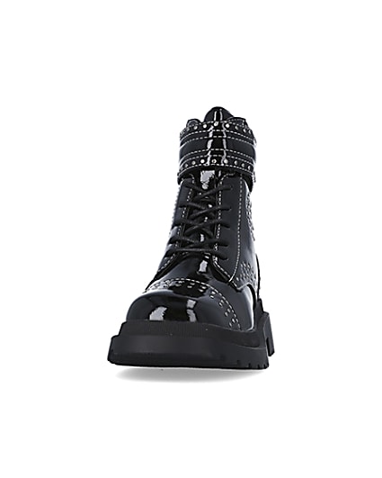 360 degree animation of product Girls Black Studded Lace Up patent Boots frame-22