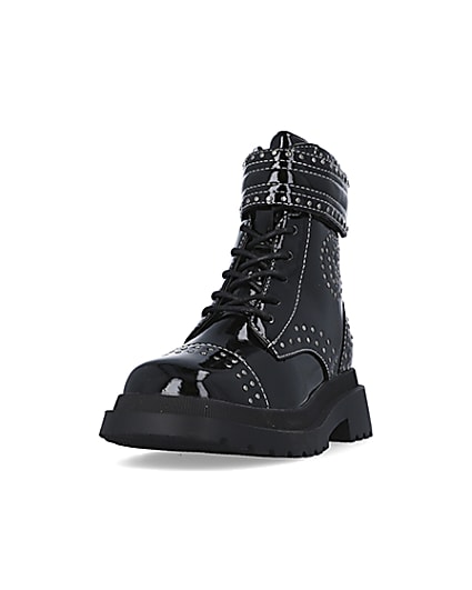 360 degree animation of product Girls Black Studded Lace Up patent Boots frame-23