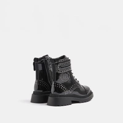Girls Black Studded Lace Up patent Boots