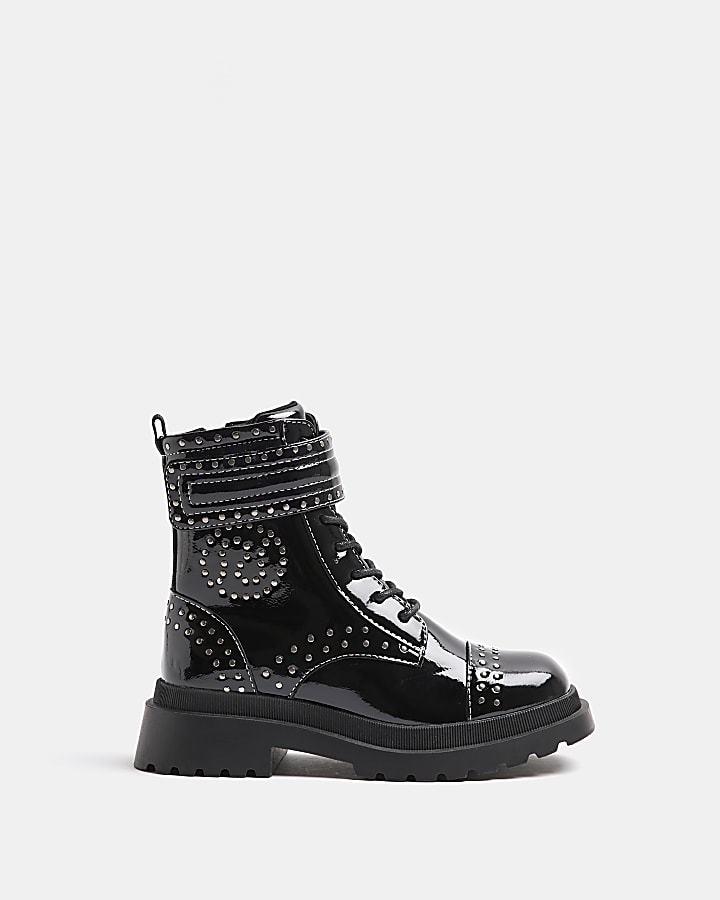 Girls Black Studded Lace Up patent Boots